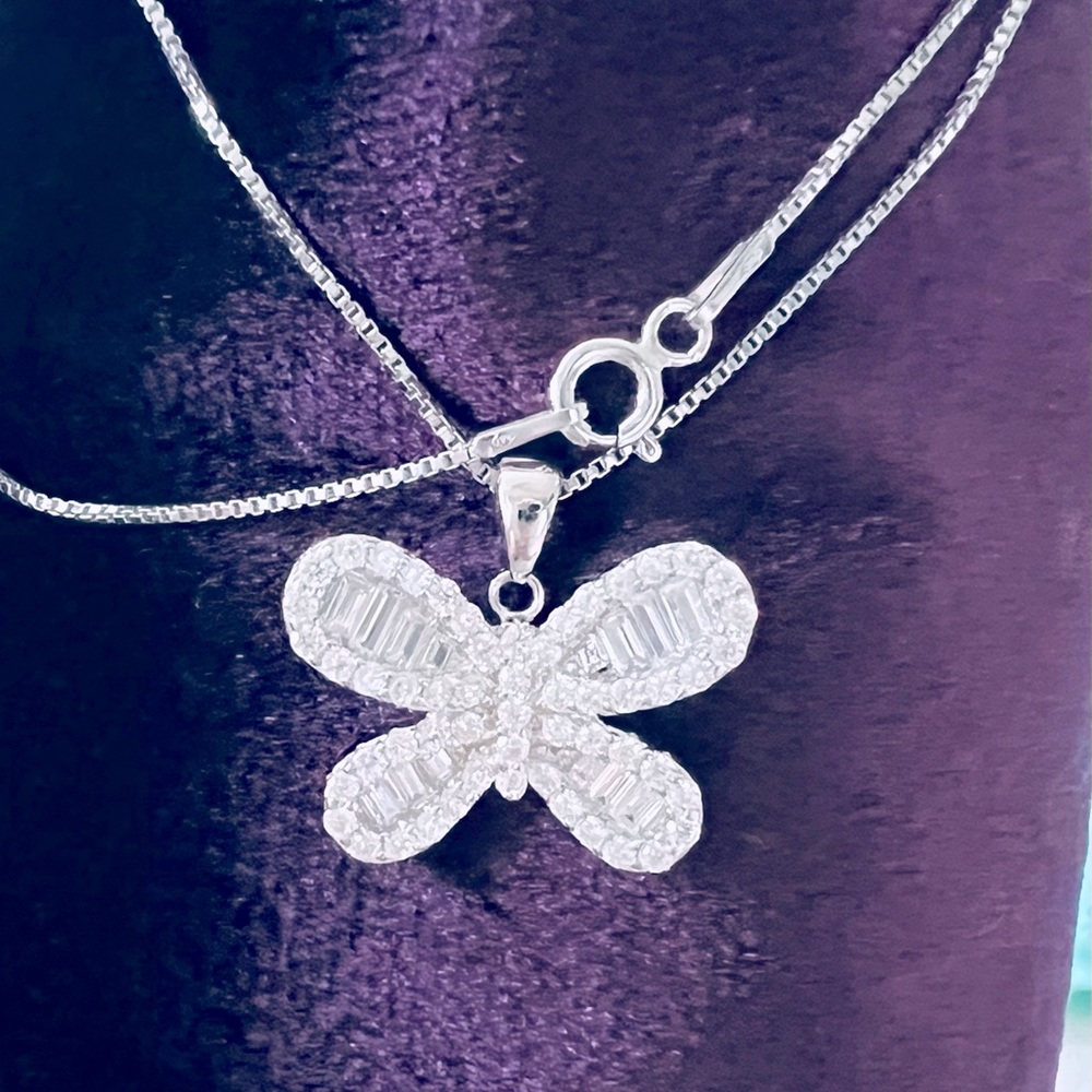 White Gold Color Designer Butterfly Pendant and Necklace in Rhodium Plated 925